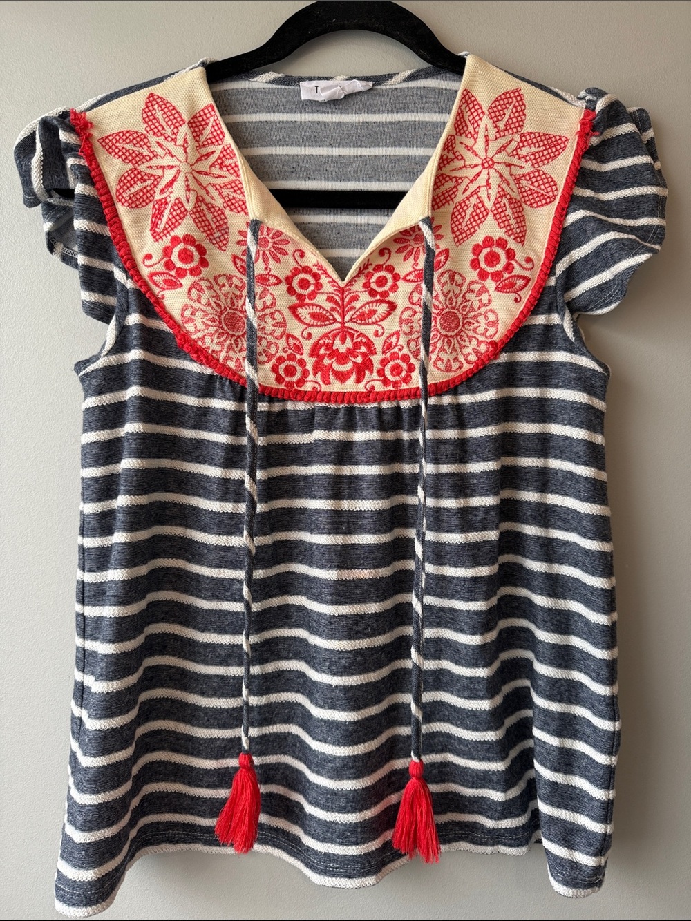 THML Navy and White Striped Top with Red cream Embroidered Yoke tassel XS